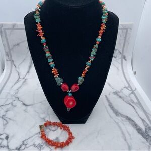 Turquoise and Coral Beaded Necklace and Bracelet Set